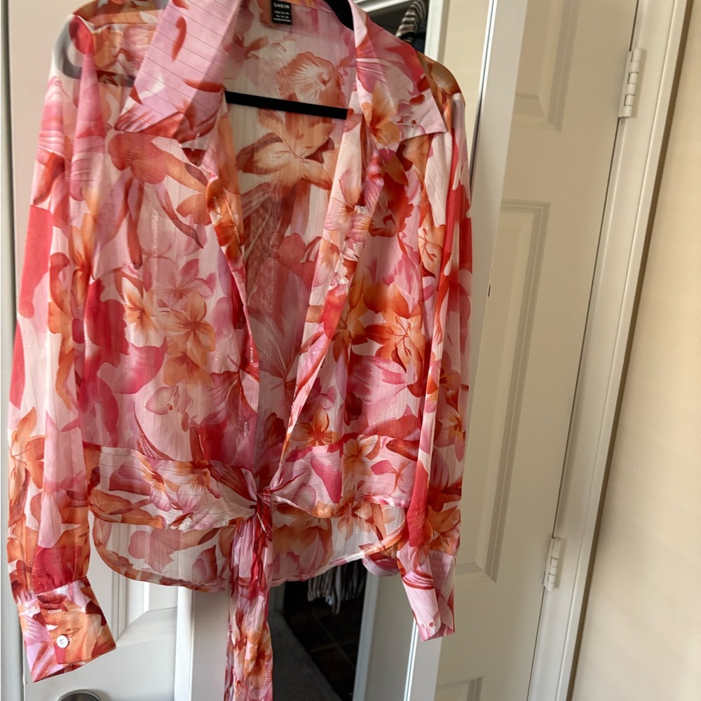 SHEIN FLORAL  Tie-Front Blouse - Pink and Orange